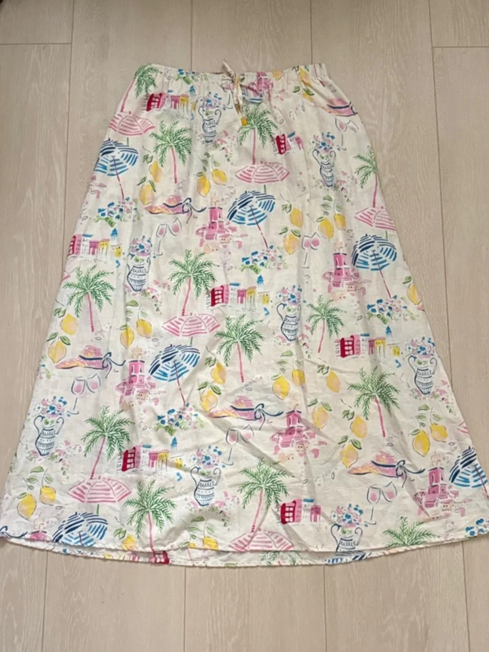 Calypso St. Barth Linen Blend Cream Drawstring Skirt with Pastel Floral Accents